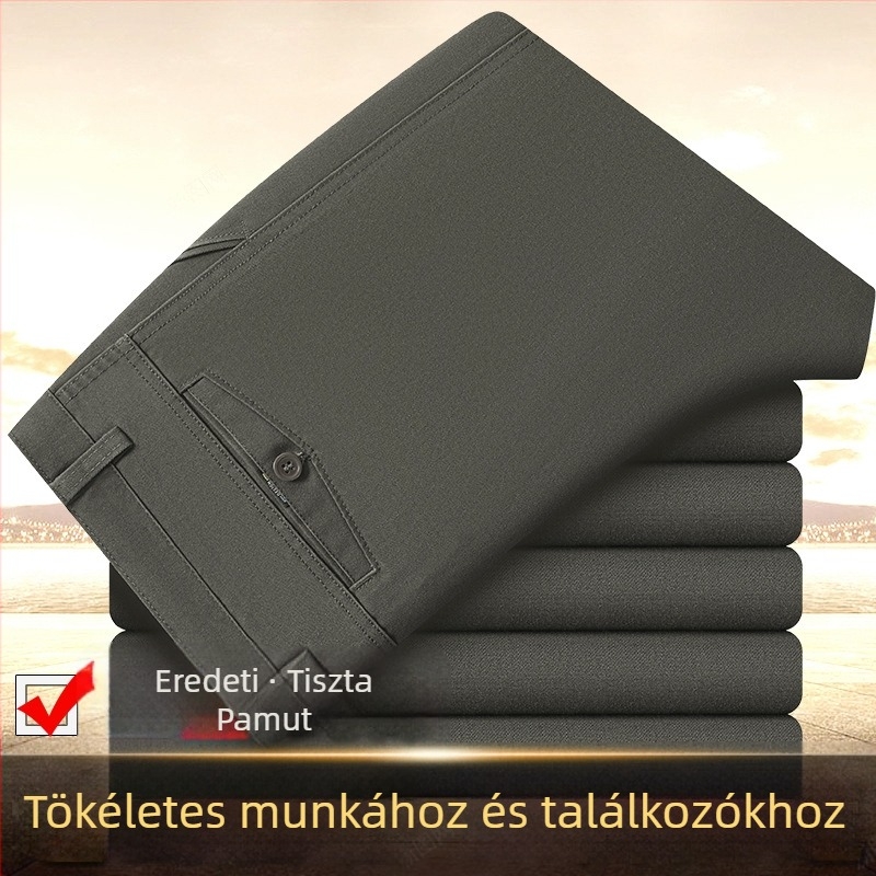 Téli vastag, 100% pamut öltönynadrág, lazán szabott egyenes szár, magas derék, középkorú férfiaknak, üzleti hétköznapi viselet