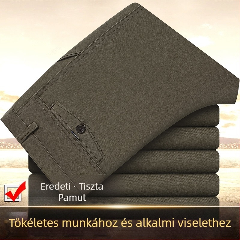 Téli vastag, 100% pamut öltönynadrág, lazán szabott egyenes szár, magas derék, középkorú férfiaknak, üzleti hétköznapi viselet