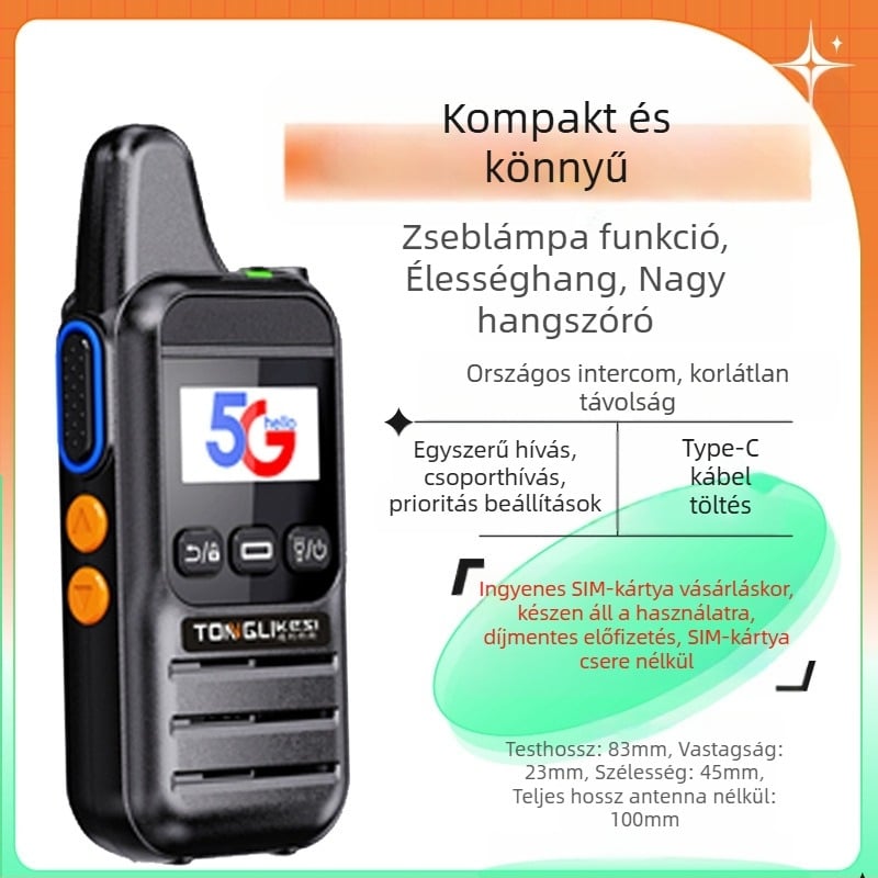 Tricos kézi adó-vevő >50 km hatótáv, 200 csatorna, RF kimeneti teljesítmény 1 W, 6800 mAh-s akkumulátor.