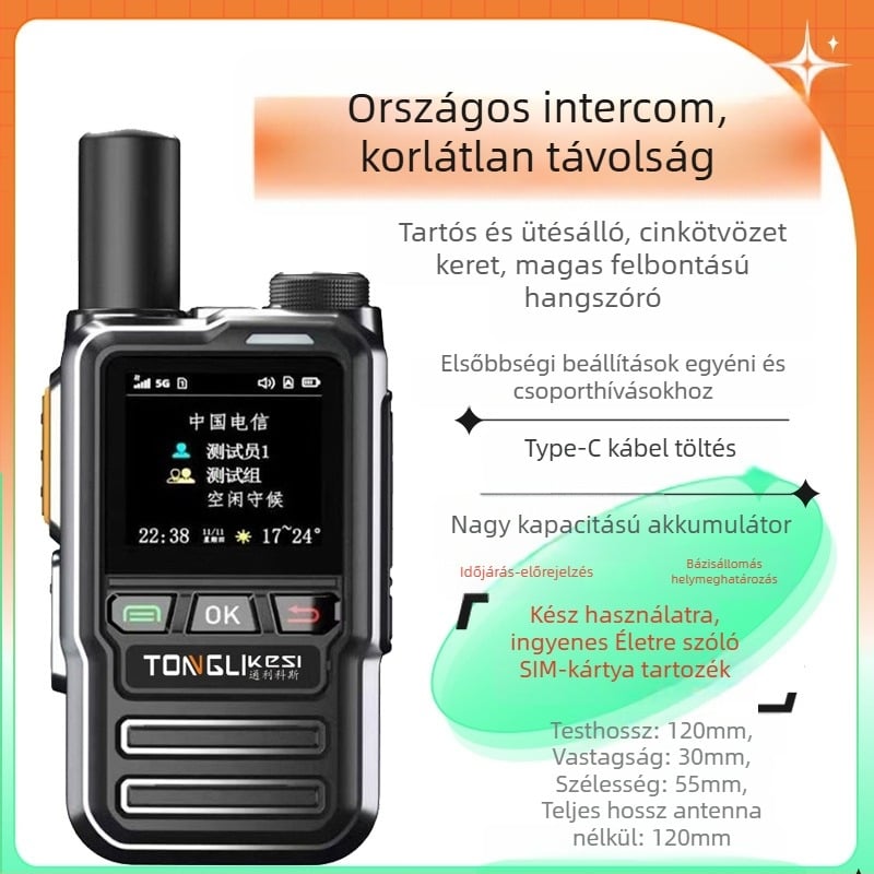 Tricos kézi adó-vevő >50 km hatótáv, 200 csatorna, RF kimeneti teljesítmény 1 W, 6800 mAh-s akkumulátor.