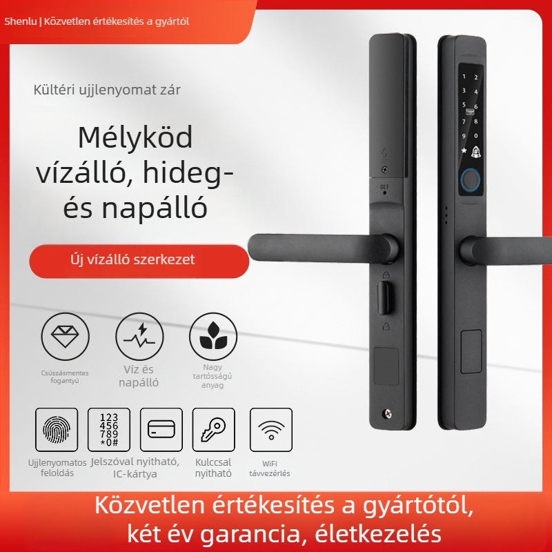 Deep Deer x7 Okos zár külső alumínium ajtókhoz – hozzáférés ujjlenyomat, jelszó és kulcs; 50 ujjlenyomat tárolás, >10 000 kinyitás, <1 s szkennelés, IPX65 vízállóság, -30°C–80°C