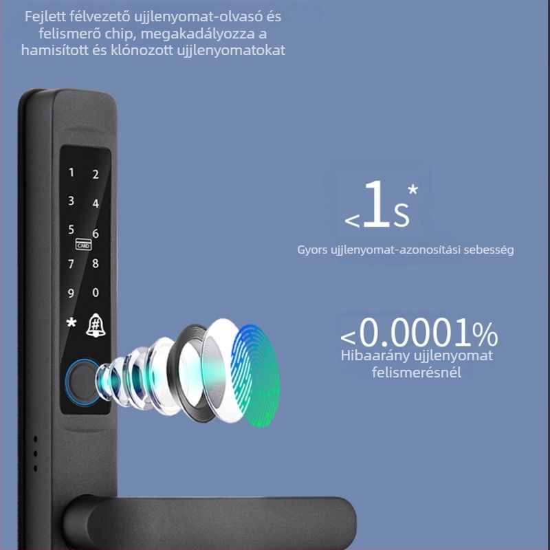 Deep Deer x7 Okos zár külső alumínium ajtókhoz – hozzáférés ujjlenyomat, jelszó és kulcs; 50 ujjlenyomat tárolás, >10 000 kinyitás, <1 s szkennelés, IPX65 vízállóság, -30°C–80°C