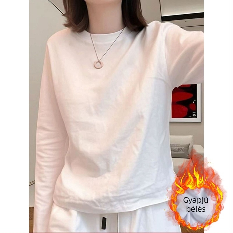 Fehér pamut hosszú ujjú női T-shirt bársony béléssel és anime mintával őszi-téli viselethez