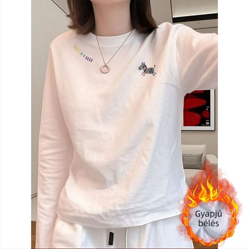 Fehér pamut hosszú ujjú női T-shirt bársony béléssel és anime mintával őszi-téli viselethez