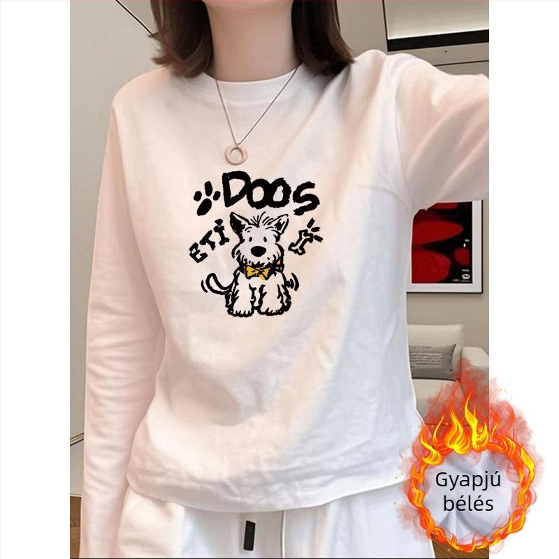 Fehér pamut hosszú ujjú női T-shirt bársony béléssel és anime mintával őszi-téli viselethez