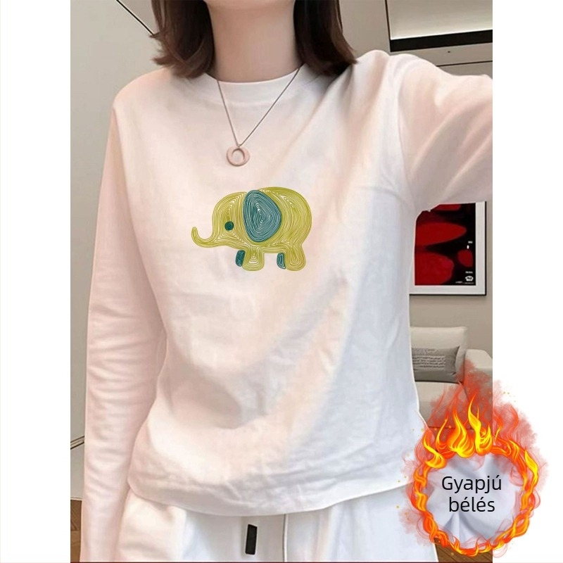 Fehér pamut hosszú ujjú női T-shirt bársony béléssel és anime mintával őszi-téli viselethez
