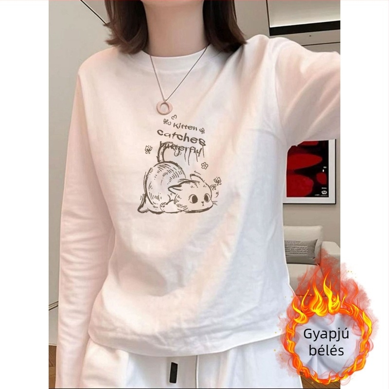 Fehér pamut hosszú ujjú női T-shirt bársony béléssel és anime mintával őszi-téli viselethez