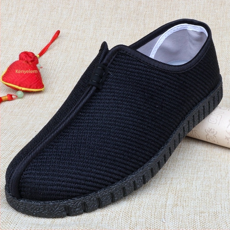 Férfi lenvászon lapos cipő, kerek orr, alacsony felső rész, PVC talp, 1-3 cm sarok
