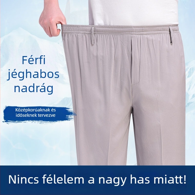 Idős férfiak nyári mindennapi nadrág, elasztikus derék, magas derék, egyenes szabás, könnyű poliészter keverék