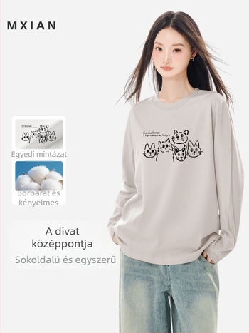 Női 230 g tiszta pamut hosszú ujjú T-shirt, őszi-téli szezonra, amerikai stílus macska mintával, laza szabású, mindennapi top