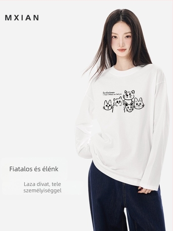 Női 230 g tiszta pamut hosszú ujjú T-shirt, őszi-téli szezonra, amerikai stílus macska mintával, laza szabású, mindennapi top