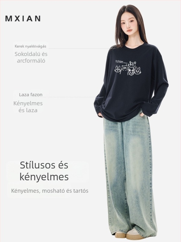 Női 230 g tiszta pamut hosszú ujjú T-shirt, őszi-téli szezonra, amerikai stílus macska mintával, laza szabású, mindennapi top