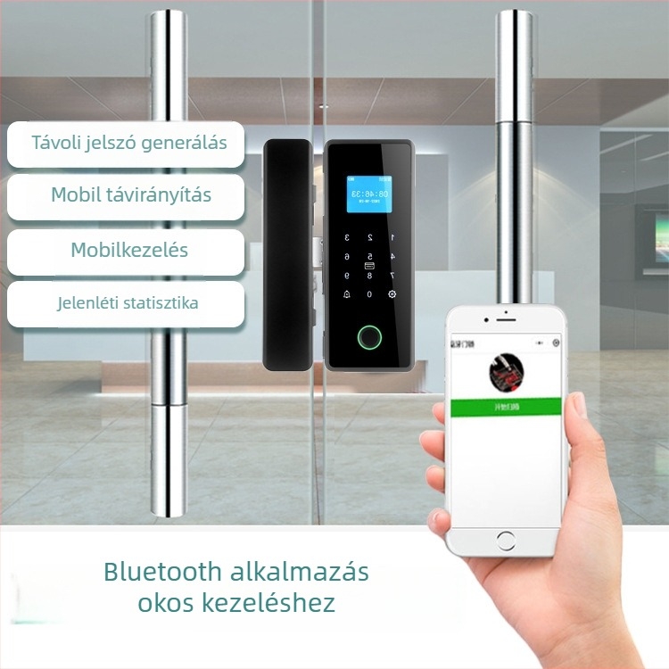 SWR-Z200 okoszár üveges ajtókhoz, 100 ujjlenyomat tárolóval, nagy kijelzővel, jelszó és mobiltelefonos távoli vezérléssel; üveg- és faajtóhoz