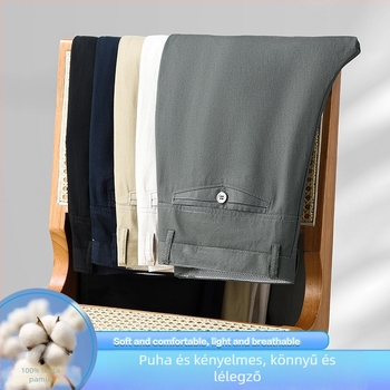 Férfi pamutból készült, magas derekú, egyenes szabású nadrág övvel és cipzáras zárással