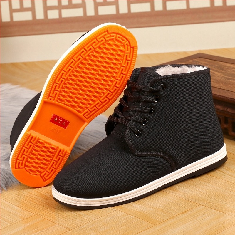 Téli meleg magas vászon papucs fleece-béléssel, gumírozott talppal, fűzőkkel