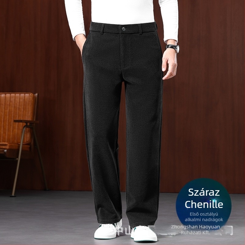 Férfi Chenille üzleti casual nadrág, őszi szezon, laza szabású egyenes, magas derék, cipzár
