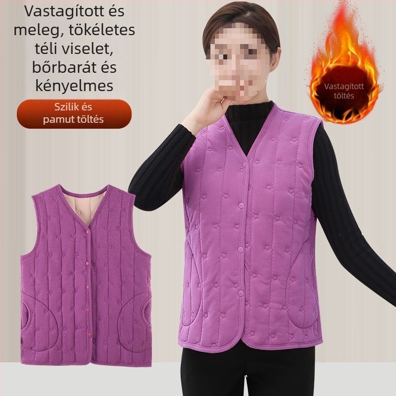 Női mellény, hópehely mintázat, V-nyakú, ultra rövid hossz ≤40 cm, anyaga: juhkasmír, töltés: gyapjú