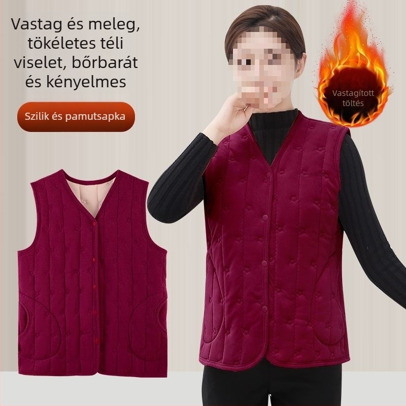 Női mellény, hópehely mintázat, V-nyakú, ultra rövid hossz ≤40 cm, anyaga: juhkasmír, töltés: gyapjú