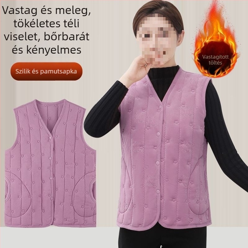Női mellény, hópehely mintázat, V-nyakú, ultra rövid hossz ≤40 cm, anyaga: juhkasmír, töltés: gyapjú