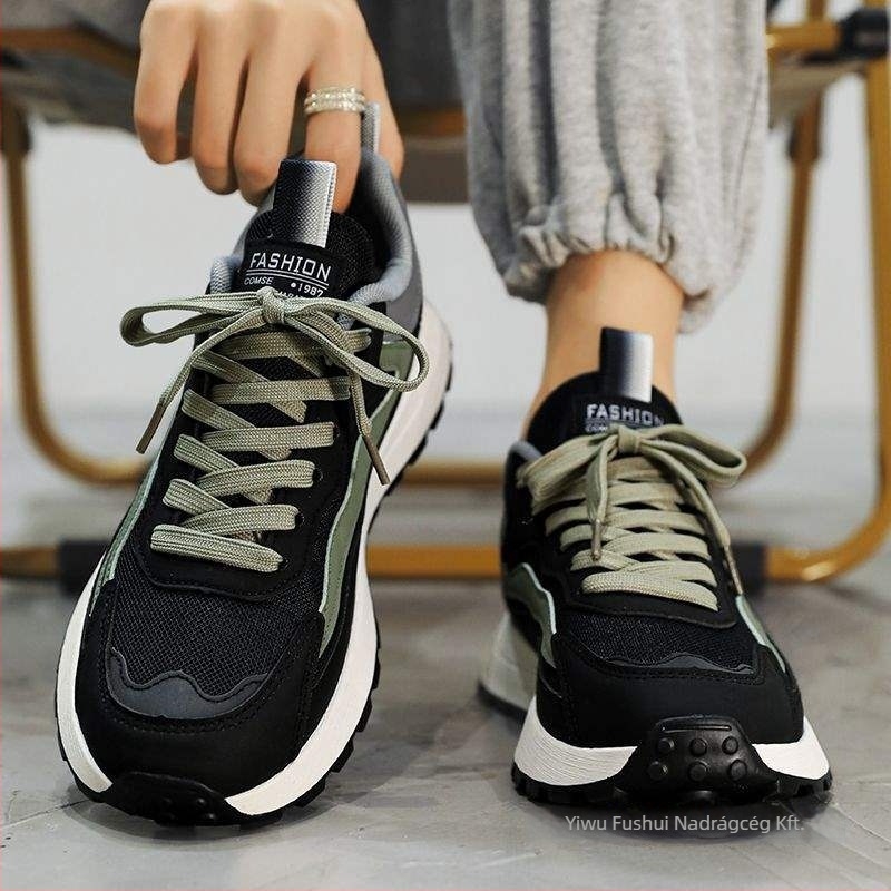 Férfi hálós casual futócipő, kopásálló, fűzővel, gumírozott talp, PU talpbetét, alacsony sarok 1-3 cm