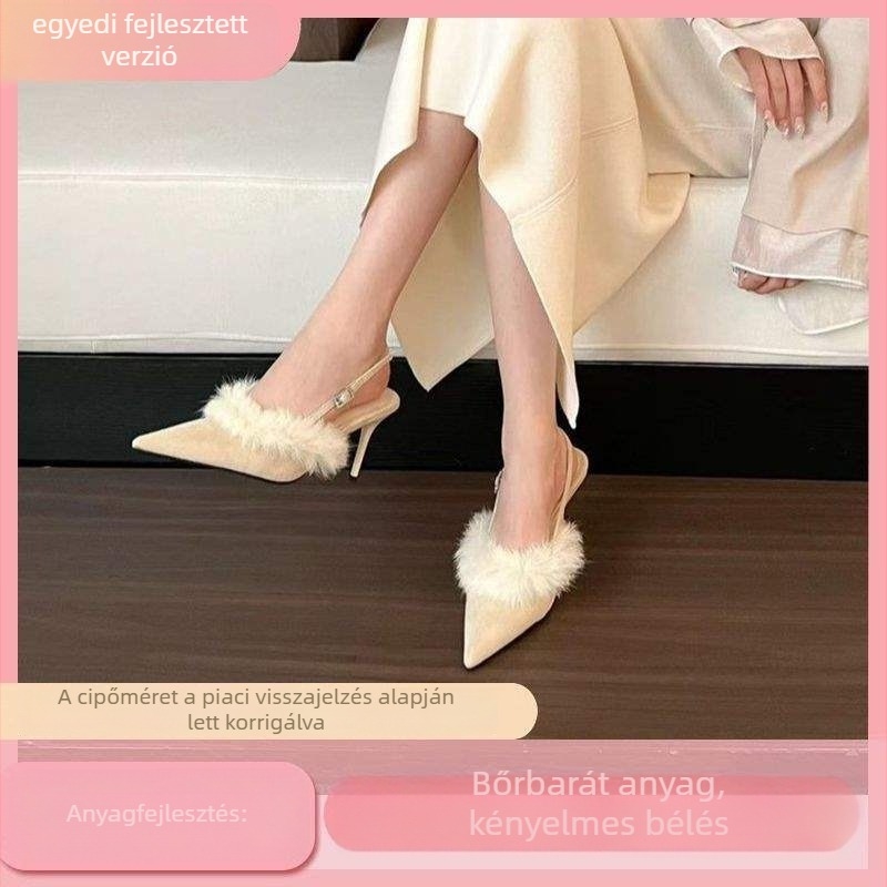 Női szőrös pántos szandál PU felsőrésszel, alacsony sarkú, zárt orrú