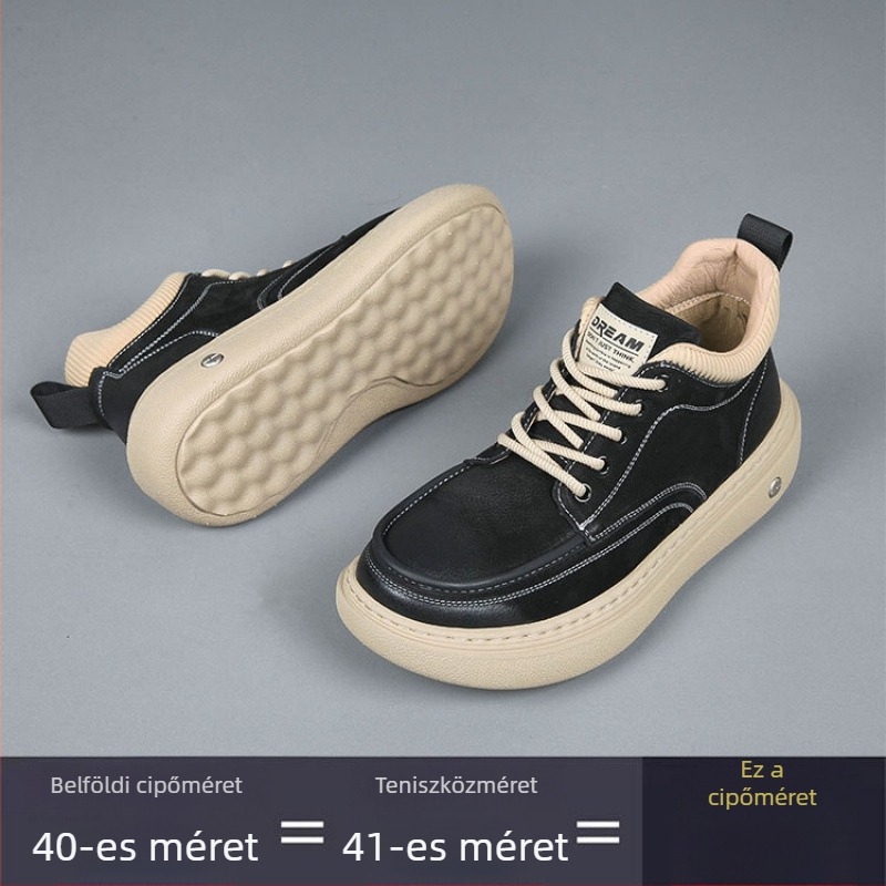 Férfi Platformcipő első réteg marha bőrből, kerek orr, cipőfűző, alacsony platform 1–3 cm