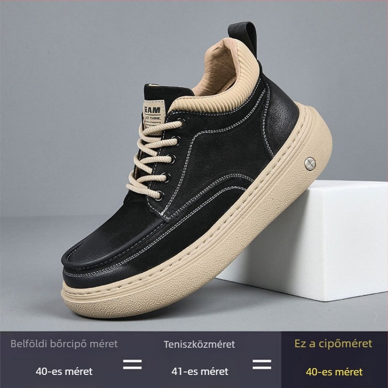 Férfi Platformcipő első réteg marha bőrből, kerek orr, cipőfűző, alacsony platform 1–3 cm