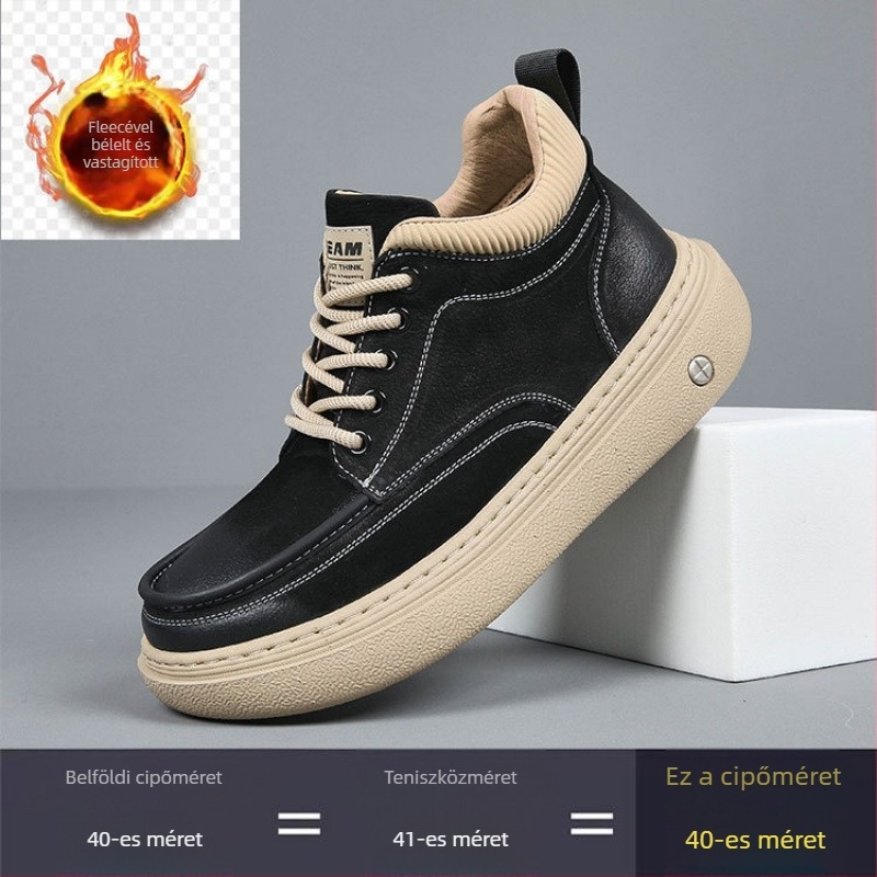 Férfi Platformcipő első réteg marha bőrből, kerek orr, cipőfűző, alacsony platform 1–3 cm