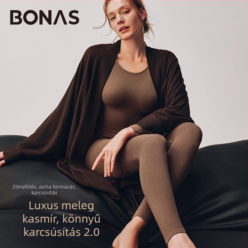 Bonas kasmír termoszett nőknek — varrat nélküli felső hosszú ujjú és hosszú nadrág, téli meleg alsóruha