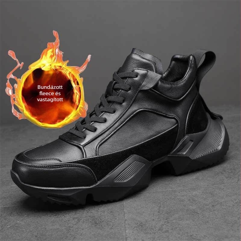 Férfiaknak szóló magas platformos bakancs, bőr felső rész, 3–5 cm sarokmagasság, kerek orr, lélegző, ütéscsillapító