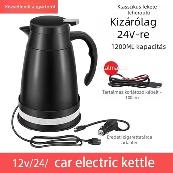 Autóba illő elektromos vízforraló, modell QHZ-1200, 12V/24V, 120W/240W, rozsdamentes acél és PP, gyors felfűtés