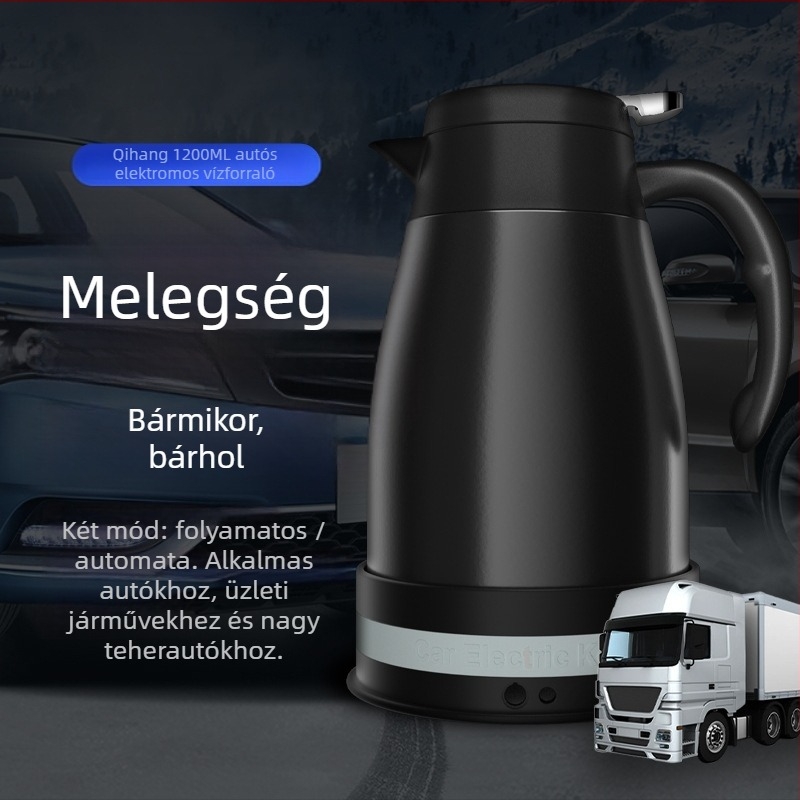 Autóba illő elektromos vízforraló, modell QHZ-1200, 12V/24V, 120W/240W, rozsdamentes acél és PP, gyors felfűtés