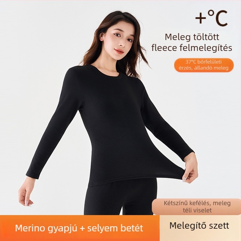 Gyapjú-selyem termo alsóruha szett, uniszex, kerek nyakú felső és nadrág, egy rétegű, gyapjú betétekkel