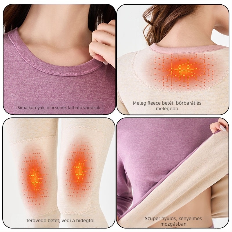 Gyapjú-selyem termo alsóruha szett, uniszex, kerek nyakú felső és nadrág, egy rétegű, gyapjú betétekkel