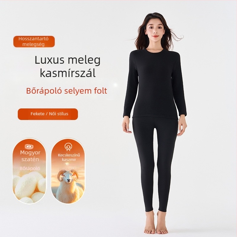 Gyapjú-selyem termo alsóruha szett, uniszex, kerek nyakú felső és nadrág, egy rétegű, gyapjú betétekkel