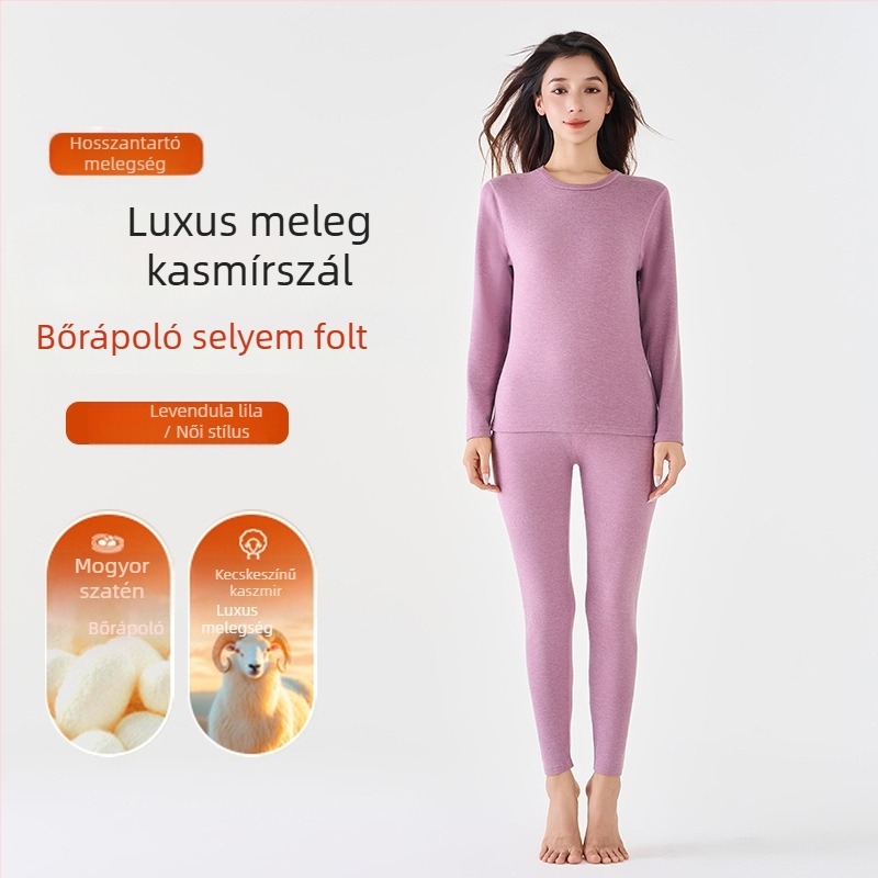 Gyapjú-selyem termo alsóruha szett, uniszex, kerek nyakú felső és nadrág, egy rétegű, gyapjú betétekkel