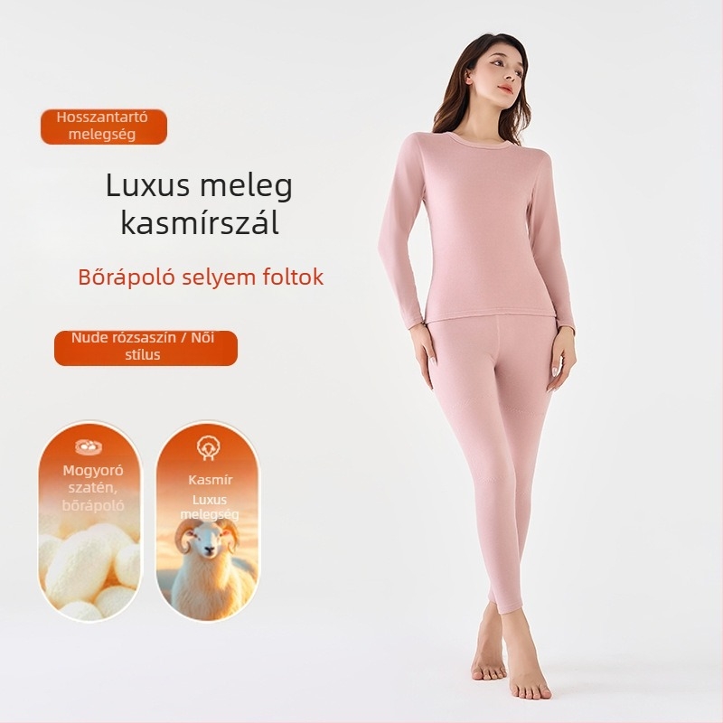 Gyapjú-selyem termo alsóruha szett, uniszex, kerek nyakú felső és nadrág, egy rétegű, gyapjú betétekkel