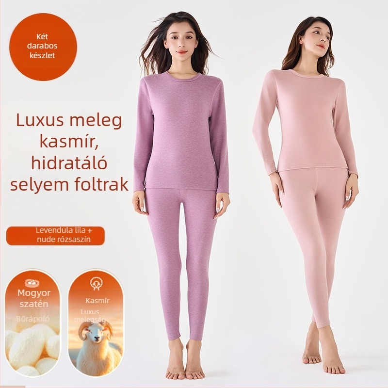 Gyapjú-selyem termo alsóruha szett, uniszex, kerek nyakú felső és nadrág, egy rétegű, gyapjú betétekkel