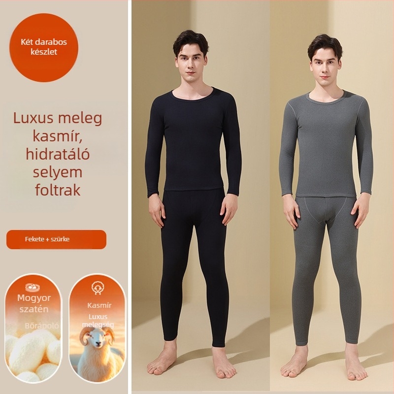 Gyapjú-selyem termo alsóruha szett, uniszex, kerek nyakú felső és nadrág, egy rétegű, gyapjú betétekkel