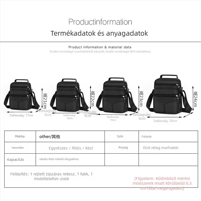 Férfi bőr váll- és keresztpántos oldaltáska - valódi bőr, felső réteg marhabőrből, vízálló, ultra könnyű, Cross-border stílus