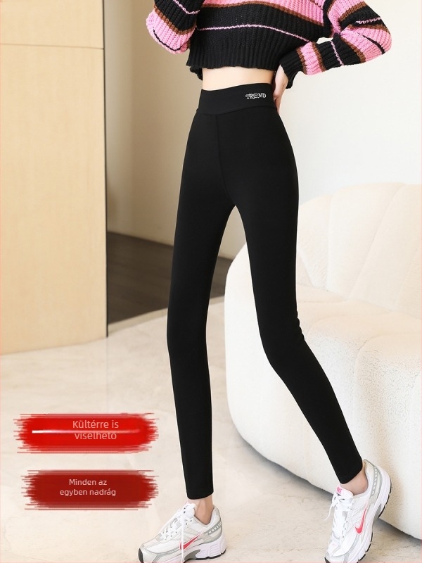 Tavaszi vastag pamut leggings báránygyapjúval, meleg, karcsú szabás, fekete, 9/10 hosszúságú
