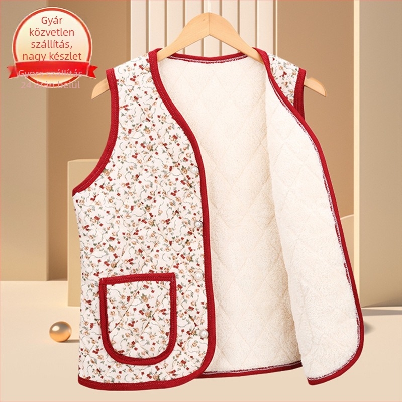 Virágos bélelt poliészter mellény középkorú és idősebb nők számára; kardigán-stílusú külső ruházat; külső anyag 70–80% poliészter, belső 50–70% poliészter; hossz 50–65 cm; domborított textúra; japán/koreai laza stílus