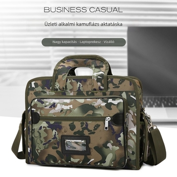 Vállon átívelő laptop táska camuflážs mintával, strapabíró Oxford anyag, poliészter belső, többszörös rekesz szerkezettel, üzleti utakhoz ideális