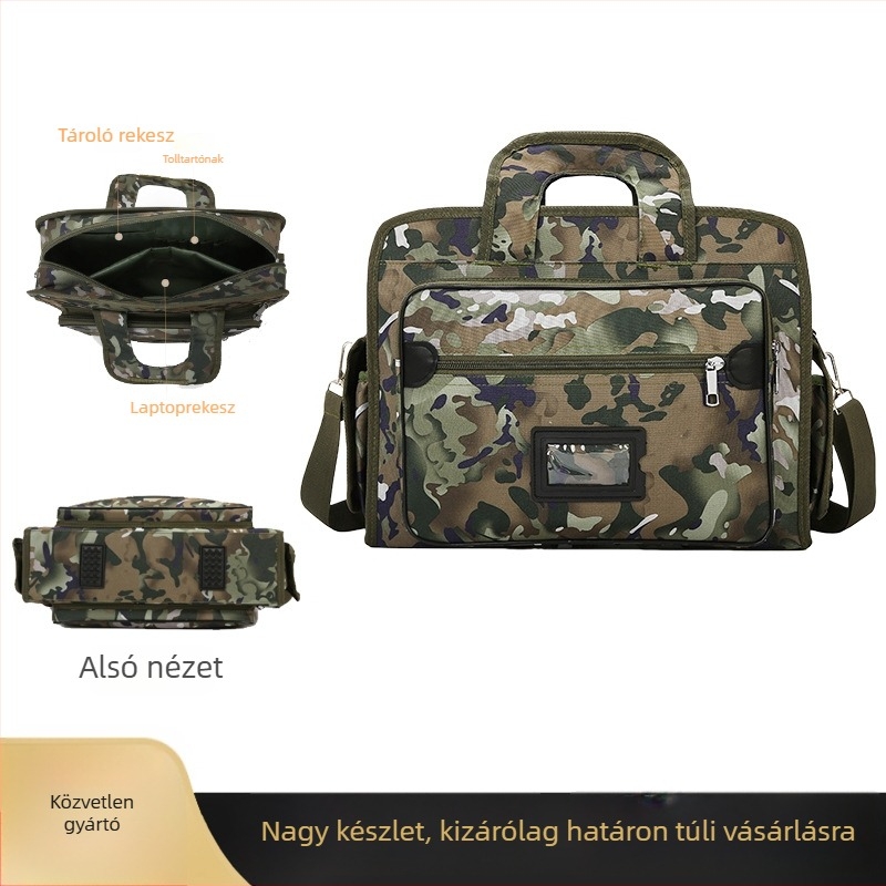 Vállon átívelő laptop táska camuflážs mintával, strapabíró Oxford anyag, poliészter belső, többszörös rekesz szerkezettel, üzleti utakhoz ideális