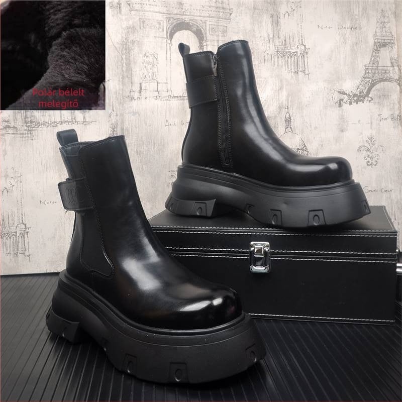 Férfi Chelsea csizmák természetes bőrből, vastag gumitalppal, belső műszálas rövid plüss béléssel, téli 2024