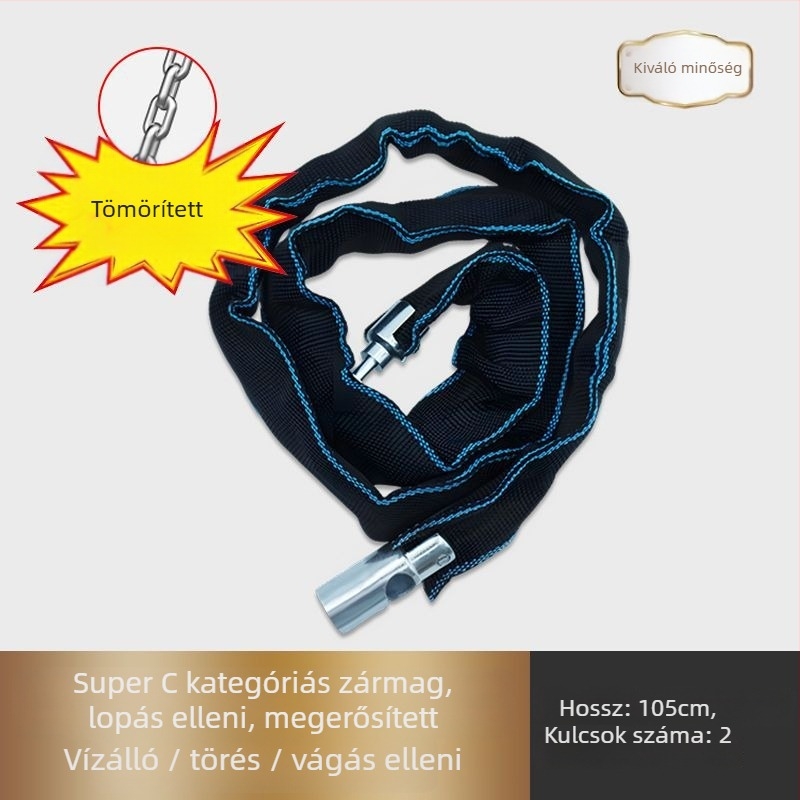 Lopás elleni kerékpárlánc zár – hordozható, vastagított és hosszabb lánc, elektromos és hegyi kerékpárokhoz