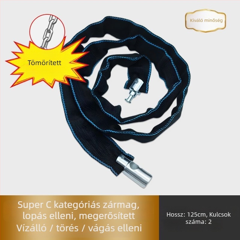 Lopás elleni kerékpárlánc zár – hordozható, vastagított és hosszabb lánc, elektromos és hegyi kerékpárokhoz