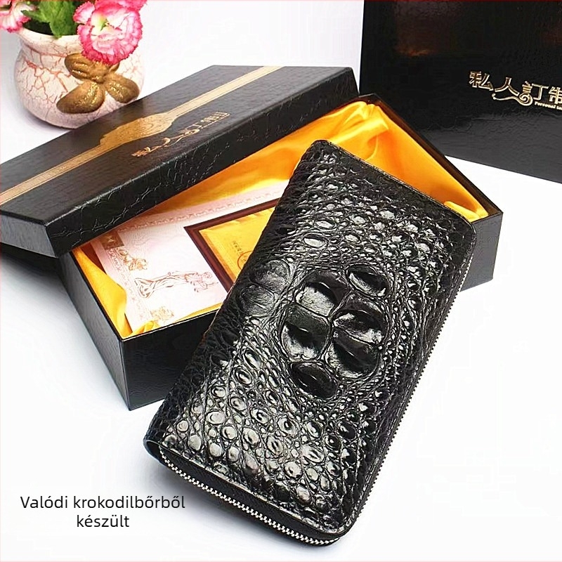 Férfi krokodilbőr clutch, hosszú valódi bőrből készült, üzleti stílushoz, kopásálló, belső bélés valódi bőr