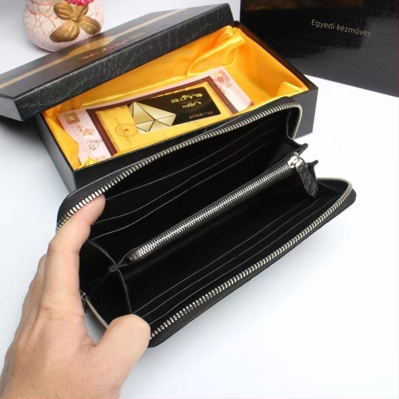 Férfi krokodilbőr clutch, hosszú valódi bőrből készült, üzleti stílushoz, kopásálló, belső bélés valódi bőr
