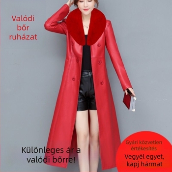 Chiweng Valódi juhbőr hosszú kabát rókaszőr gallérral, koreai stílus, plusz méret, fleece-béléssel